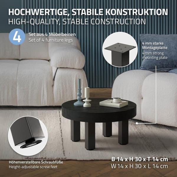 ML-Design set med 4 bordsben I-Design 30 cm, mörkgrå industriell look, pulverlackerat stål, kantiga, profil 8x8 cm, höjdjusterbara möbelben 1-4 cm,