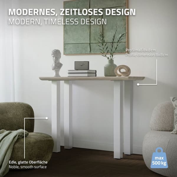 ML-Design 4 pöydänjalkaa I-Design 90 cm, kiiltävä valkoinen, jauhemaalattu teräs, kulmikas, profiili 8x8 cm, korkeussäädettävät kalustejalat 1-4 cm,