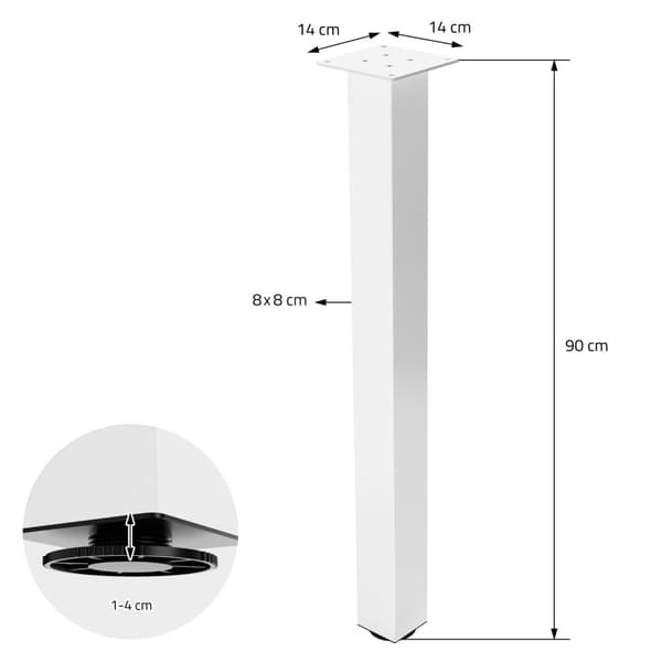 ML-Design 4 pöydänjalkaa I-Design 90 cm, kiiltävä valkoinen, jauhemaalattu teräs, kulmikas, profiili 8x8 cm, korkeussäädettävät kalustejalat 1-4 cm,