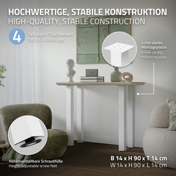 ML-Design 4 pöydänjalkaa I-Design 90 cm, kiiltävä valkoinen, jauhemaalattu teräs, kulmikas, profiili 8x8 cm, korkeussäädettävät kalustejalat 1-4 cm,