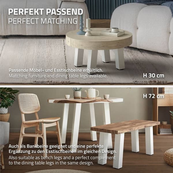 ML-Design set om 4 bordsben vinklade H:42 cm, vit blank, tillverkade av pulverlackerat stål, kantiga, profil 8x8 cm, I-form, möbelben metall 96°