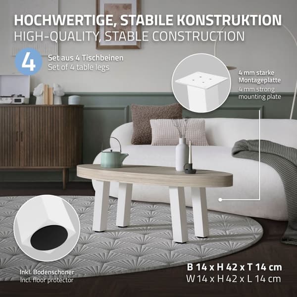 ML-Design set om 4 bordsben vinklade H:42 cm, vit blank, tillverkade av pulverlackerat stål, kantiga, profil 8x8 cm, I-form, möbelben metall 96°