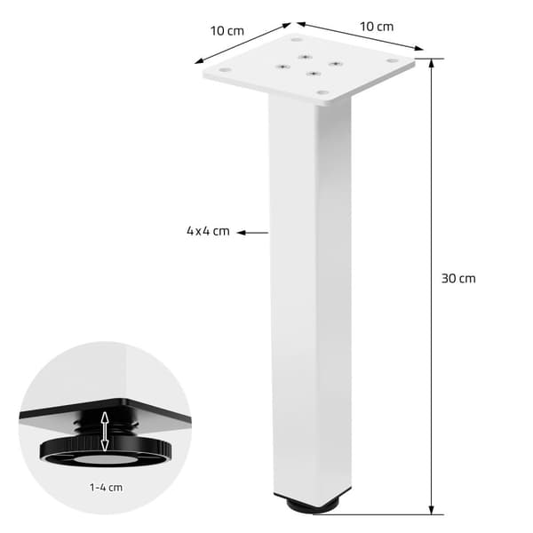 ML-Design sæt med 4 bordben I-Design 30 cm, blank hvid, fremstillet af pulverlakeret stål, kantet, profil 4x4 cm, højdejusterbare møbelben 1-4 cm,