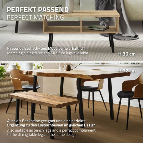 ML-Design set om 4 bordsben vinklade H:42 cm, blank svart, tillverkade av pulverlackerat stål, kantiga, profil 4x4 cm, I-form, möbelben metall 96°