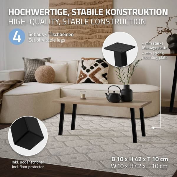 ML-Design set om 4 bordsben vinklade H:42 cm, blank svart, tillverkade av pulverlackerat stål, kantiga, profil 4x4 cm, I-form, möbelben metall 96°