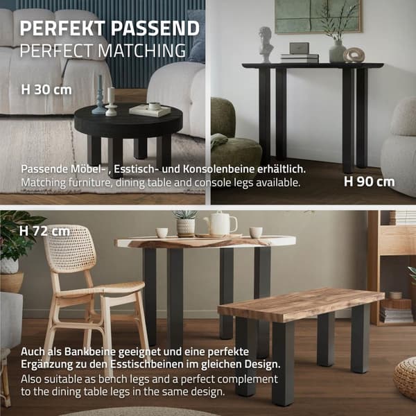 ML-Design set med 4 bordsben I-Design 42 cm, mörkgrå, industriell look, pulverlackerat stål, kantig, profil 8x8 cm, höjdjusterbara möbelben 1-4 cm,