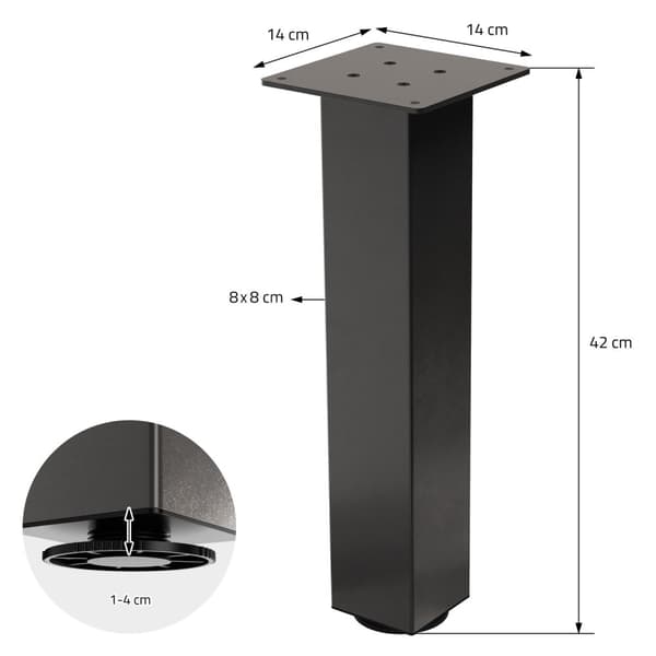 ML-Design set med 4 bordsben I-Design 42 cm, mörkgrå, industriell look, pulverlackerat stål, kantig, profil 8x8 cm, höjdjusterbara möbelben 1-4 cm,