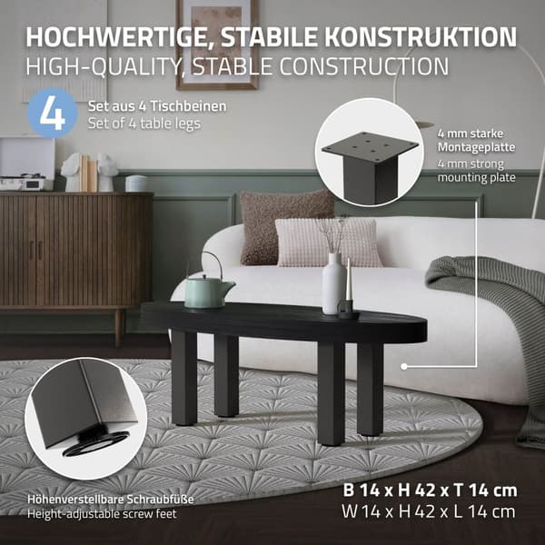 ML-Design set med 4 bordsben I-Design 42 cm, mörkgrå, industriell look, pulverlackerat stål, kantig, profil 8x8 cm, höjdjusterbara möbelben 1-4 cm,