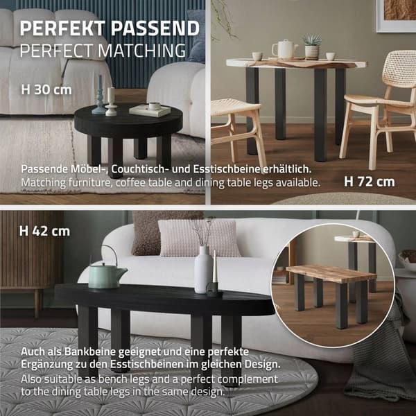 ML-Design set med 4 bordsben I-Design 90 cm, mörkgrå, industriellt utseende, pulverlackerat stål, profil 8x8 cm, höj- och sänkbara möbelben, möbelben