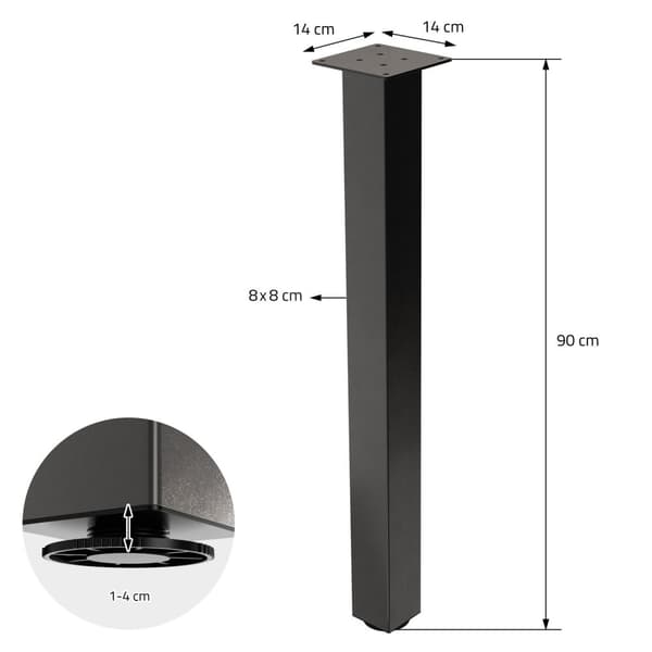 ML-Design set med 4 bordsben I-Design 90 cm, mörkgrå, industriellt utseende, pulverlackerat stål, profil 8x8 cm, höj- och sänkbara möbelben, möbelben