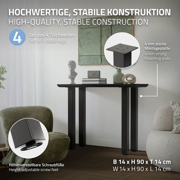 ML-Design set med 4 bordsben I-Design 90 cm, mörkgrå, industriellt utseende, pulverlackerat stål, profil 8x8 cm, höj- och sänkbara möbelben, möbelben