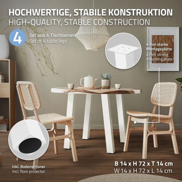 ML-Design set om 4 bordsben vinklade 72 cm, vit blank, tillverkade av pulverlackerat stål, kantiga, profil 8x8 cm, I-form, möbelben metall 96°