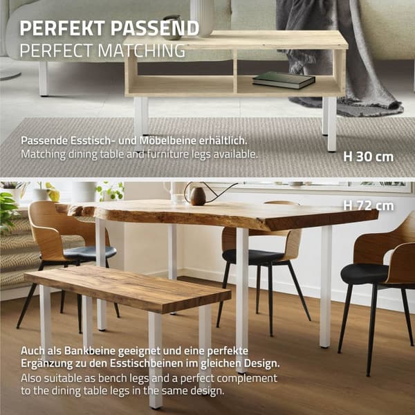 ML-Design set med 4 bordsben I-Design 42 cm, blank vit, av pulverlackerat stål, kantig, fyrkantig profil 4x4 cm, höjdjusterbara möbelben 1-4 cm,