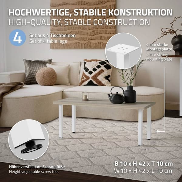 ML-Design set med 4 bordsben I-Design 42 cm, blank vit, av pulverlackerat stål, kantig, fyrkantig profil 4x4 cm, höjdjusterbara möbelben 1-4 cm,