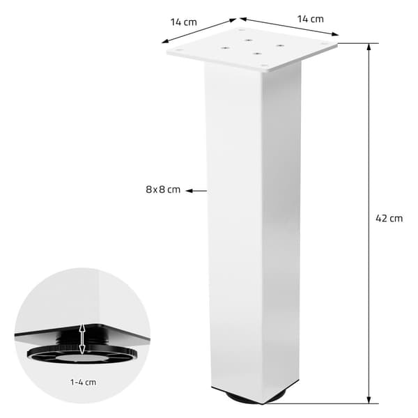 ML-Design set med 4 bordsben I-Design 42 cm, högblank vit, av pulverlackerat stål, kantiga, profil 8x8 cm, höjdjusterbara möbelben 1-4 cm, möbelben