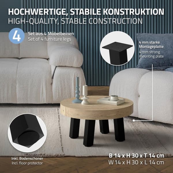 ML-Design sæt med 4 bordben vinklet H:30 cm, blank sort, fremstillet af pulverlakeret stål, vinkelformet, profil 8x8 cm, I-form, møbelben metal 96°