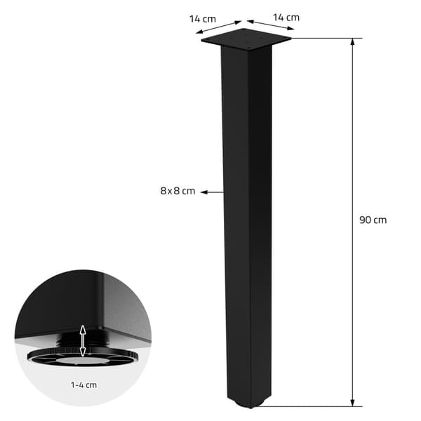 ML-Design set med 4 bordsben I-Design 90 cm, blank svart, pulverlackerat stål, kantiga, profil 8x8 cm, höjdjusterbara möbelben 1-4 cm, möbelben för