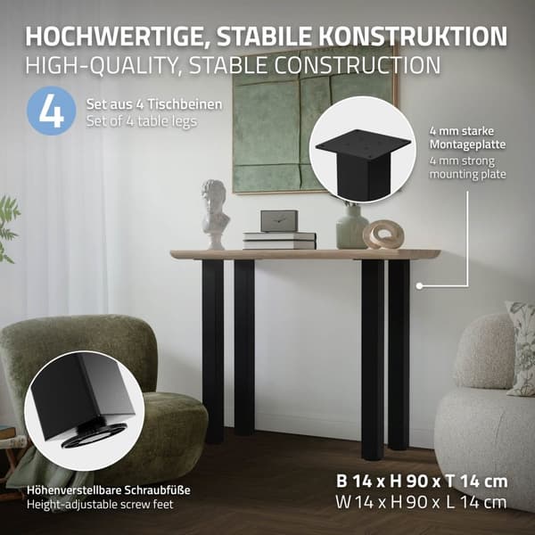 ML-Design set med 4 bordsben I-Design 90 cm, blank svart, pulverlackerat stål, kantiga, profil 8x8 cm, höjdjusterbara möbelben 1-4 cm, möbelben för