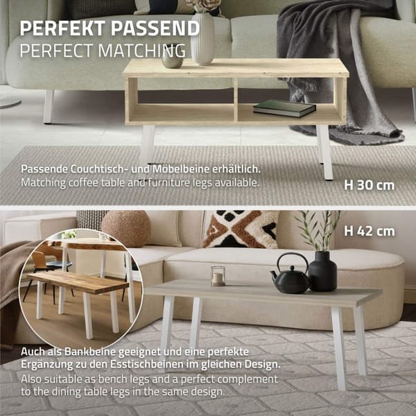 ML-Design set om 4 bordsben vinklade 72 cm, vit blank, tillverkade av pulverlackerat stål, kantiga, profil 4x4 cm, I-form, möbelben metall 96°