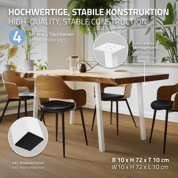 ML-Design set om 4 bordsben vinklade 72 cm, vit blank, tillverkade av pulverlackerat stål, kantiga, profil 4x4 cm, I-form, möbelben metall 96°