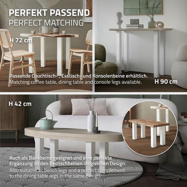 ML-Design sæt med 4 bordben I-Design 30 cm, blank hvid, af pulverlakeret stål, kantet, profil 8x8 cm, højdejusterbare møbelben 1-4 cm, møbelben til