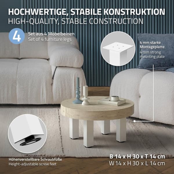 ML-Design sæt med 4 bordben I-Design 30 cm, blank hvid, af pulverlakeret stål, kantet, profil 8x8 cm, højdejusterbare møbelben 1-4 cm, møbelben til