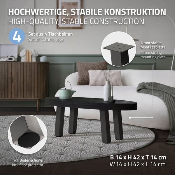 ML-Design set med 4 bordsben vinklade H:42 cm, mörkgrå, industriell look, pulverlackerat stål, profil 8x8 cm, I-form, möbelben metall 96° lutning,