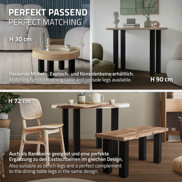 ML-Design set med 4 bordsben I-Design 42 cm, blank svart, av pulverlackerat stål, kantiga, profil 8x8 cm, höjdjusterbara möbelben 1-4 cm, möbelben