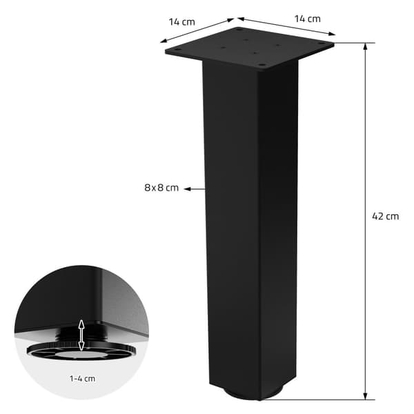 ML-Design set med 4 bordsben I-Design 42 cm, blank svart, av pulverlackerat stål, kantiga, profil 8x8 cm, höjdjusterbara möbelben 1-4 cm, möbelben