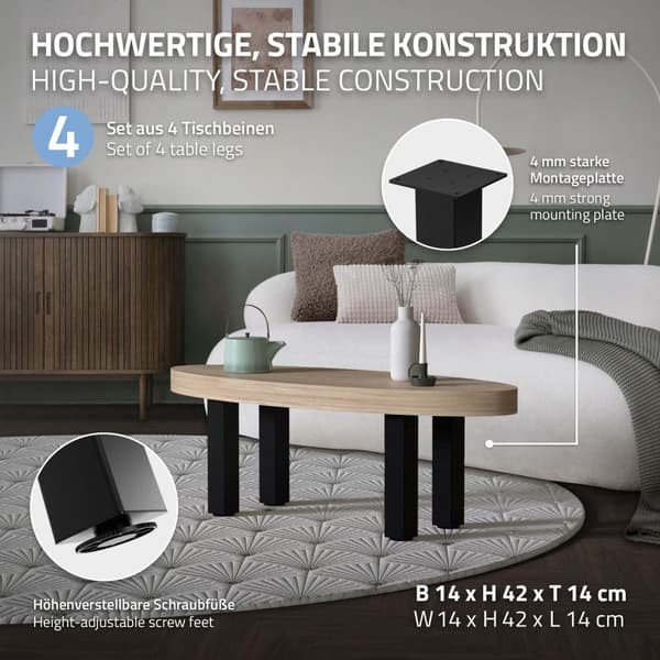ML-Design set med 4 bordsben I-Design 42 cm, blank svart, av pulverlackerat stål, kantiga, profil 8x8 cm, höjdjusterbara möbelben 1-4 cm, möbelben