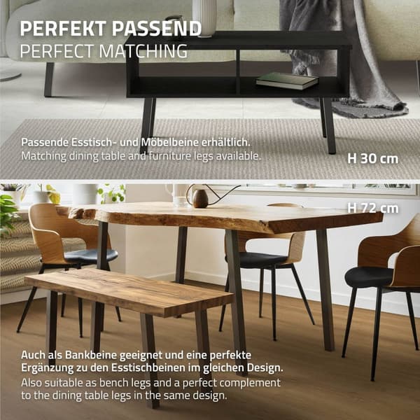 ML-Design set med 4 bordsben vinklade 42 cm, mörkgrå look industriell, tillverkad av pulverlackerat stål, profil 4x4cm, I-form, möbelben metall 96°