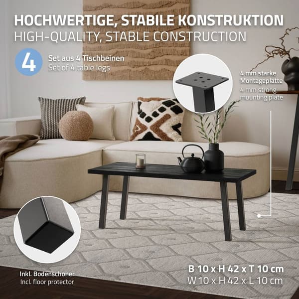 ML-Design set med 4 bordsben vinklade 42 cm, mörkgrå look industriell, tillverkad av pulverlackerat stål, profil 4x4cm, I-form, möbelben metall 96°