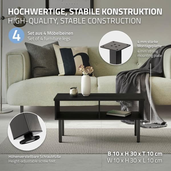 ML-Design sæt med 4 bordben I-Design 30 cm, mørkegrå, industrielt look, pulverlakeret stål, kantet, profil 4x4cm, højdejusterbare møbelben 1-4 cm,