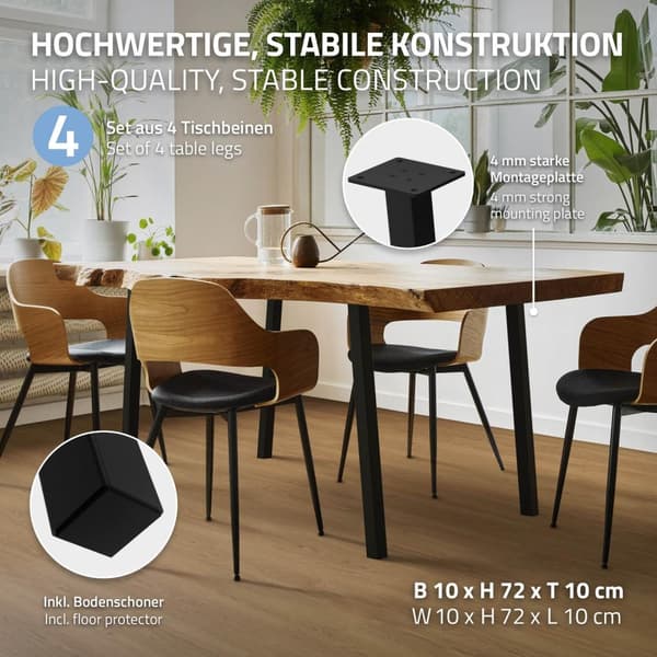 ML-Design set med 4 bordsben vinklade 72 cm, blank svart, tillverkade av pulverlackerat stål, kantiga, profil 4x4 cm, I-form, möbelben metall 96°