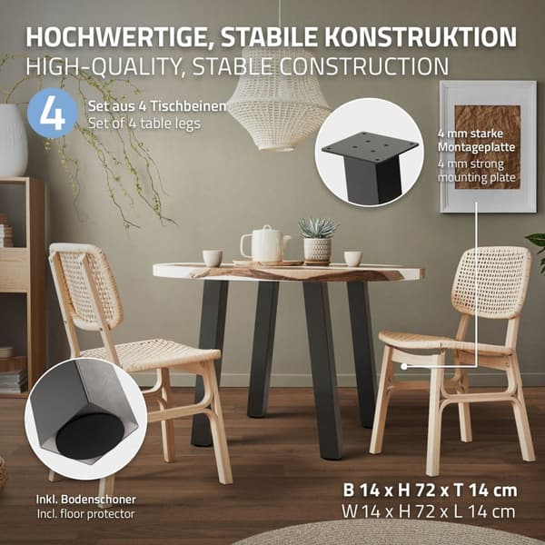 ML-Design set med 4 bordsben vinklade H:72 cm, mörkgrå, industriell look, pulverlackerat stål, profil 8x8 cm, I-form, möbelben metall 96° lutning,