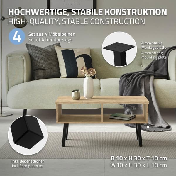 ML-Design set om 4 bordsben vinklade H:30 cm, blank svart, tillverkade av pulverlackerat stål, kantiga, profil 4x4 cm, I-form, möbelben metall 96°