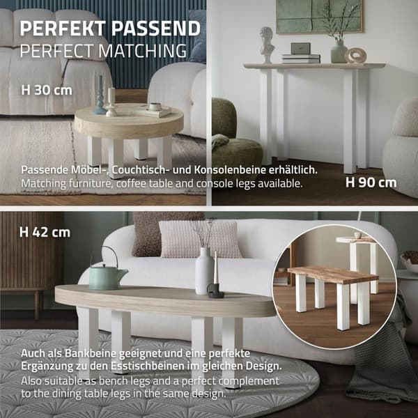 ML-Design 4 pöydänjalkaa I-Design 72 cm, kiiltävä valkoinen, jauhemaalattua terästä, kulmikas, profiili 8x8 cm, korkeussäädettävät kalustejalat 1-4