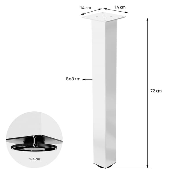 ML-Design 4 pöydänjalkaa I-Design 72 cm, kiiltävä valkoinen, jauhemaalattua terästä, kulmikas, profiili 8x8 cm, korkeussäädettävät kalustejalat 1-4