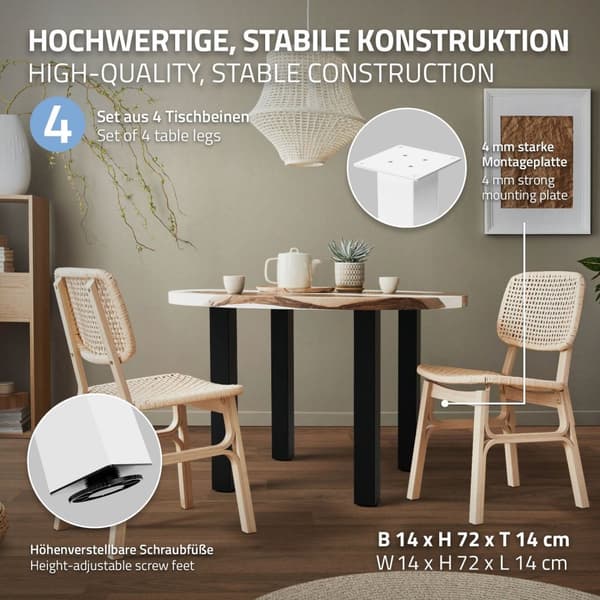 ML-Design 4 pöydänjalkaa I-Design 72 cm, kiiltävä valkoinen, jauhemaalattua terästä, kulmikas, profiili 8x8 cm, korkeussäädettävät kalustejalat 1-4