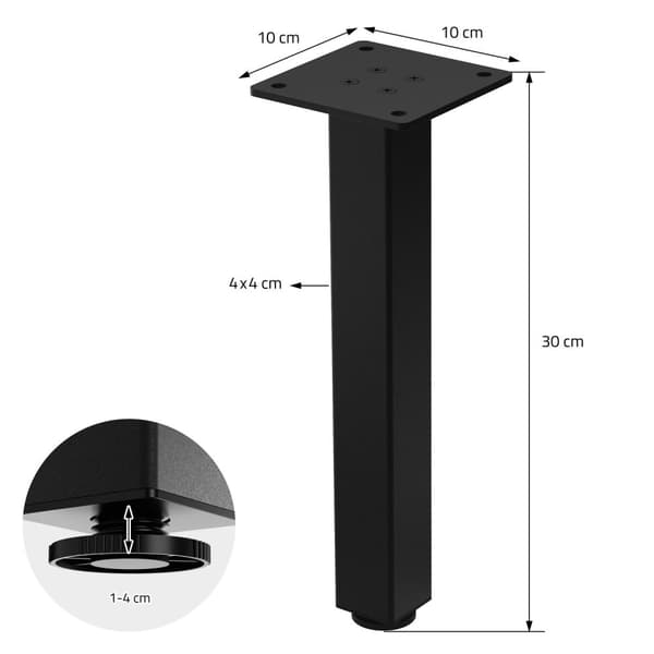 ML-Design set med 4 bordsben I-Design 30 cm, blank svart, av pulverlackerat stål, kantiga, profil 4x4 cm, höjdjusterbara möbelben 1-4 cm, möbelben