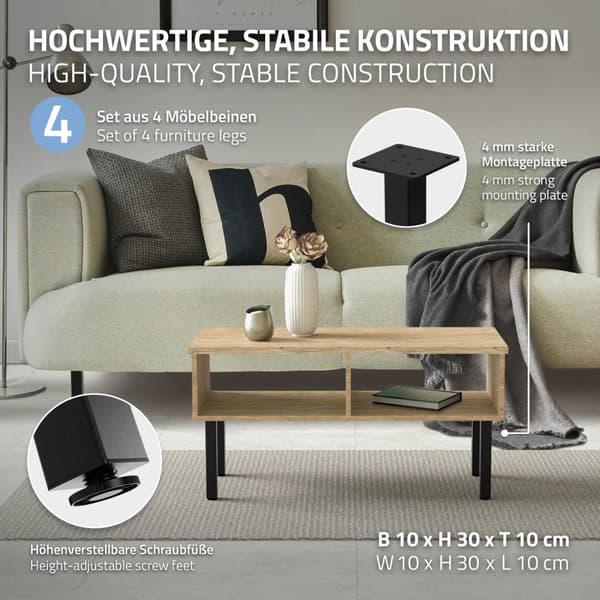 ML-Design set med 4 bordsben I-Design 30 cm, blank svart, av pulverlackerat stål, kantiga, profil 4x4 cm, höjdjusterbara möbelben 1-4 cm, möbelben