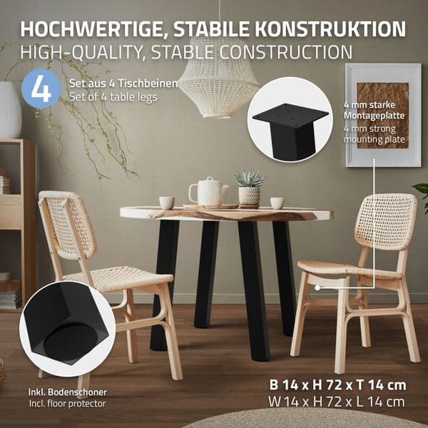 ML-Design sæt med 4 bordben vinklet 72 cm, blank sort, fremstillet af pulverlakeret stål, kantet, profil 8x8 cm, I-form, møbelben metal 96° hældning,