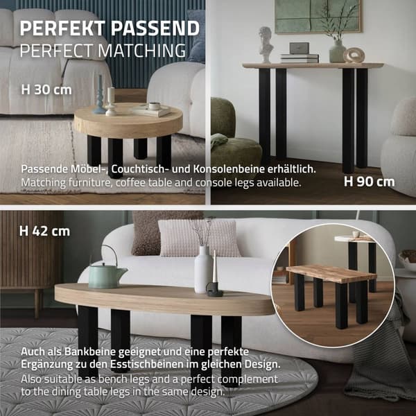 ML-Design sæt med 4 bordben I-Design 72 cm, blank sort, fremstillet af pulverlakeret stål, kantet, profil 8x8 cm, højdejusterbare møbelben 1-4 cm,