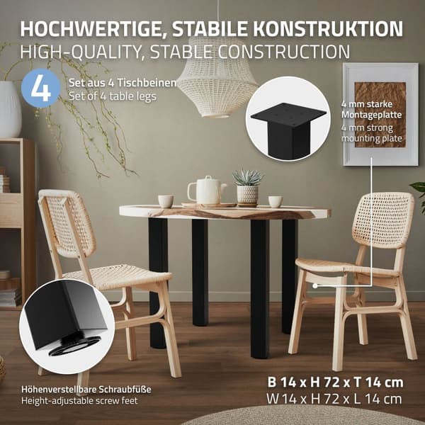 ML-Design sæt med 4 bordben I-Design 72 cm, blank sort, fremstillet af pulverlakeret stål, kantet, profil 8x8 cm, højdejusterbare møbelben 1-4 cm,