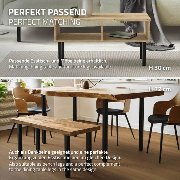 ML-Design set med 4 bordsben I-Design 42 cm, blank svart, tillverkad av pulverlackerat stål, kantig, profil 4x4 cm, höjdjusterbara möbelben 1-4 cm,