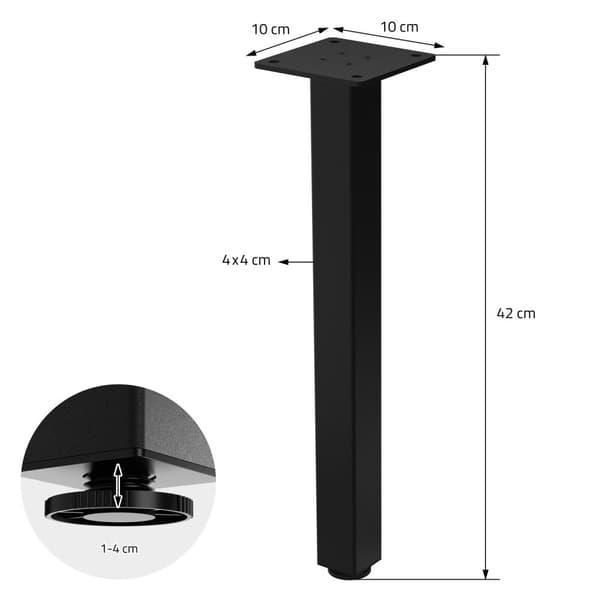 ML-Design set med 4 bordsben I-Design 42 cm, blank svart, tillverkad av pulverlackerat stål, kantig, profil 4x4 cm, höjdjusterbara möbelben 1-4 cm,