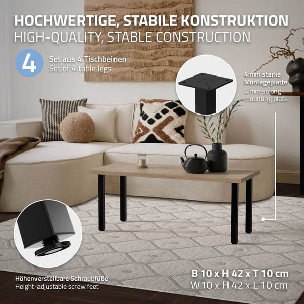 ML-Design set med 4 bordsben I-Design 42 cm, blank svart, tillverkad av pulverlackerat stål, kantig, profil 4x4 cm, höjdjusterbara möbelben 1-4 cm,