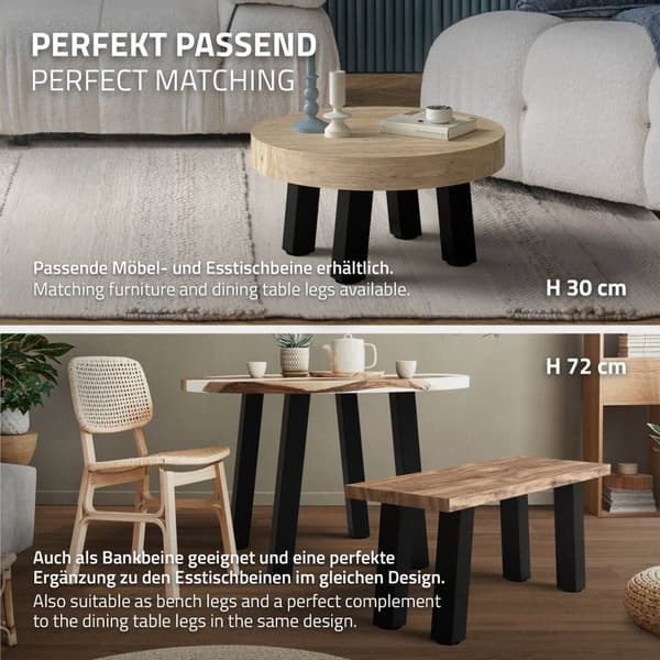 ML-Design set om 4 bordsben vinklade H:42 cm, blank svart, tillverkade av pulverlackerat stål, kantiga, profil 8x8 cm, I-form, möbelben metall 96°