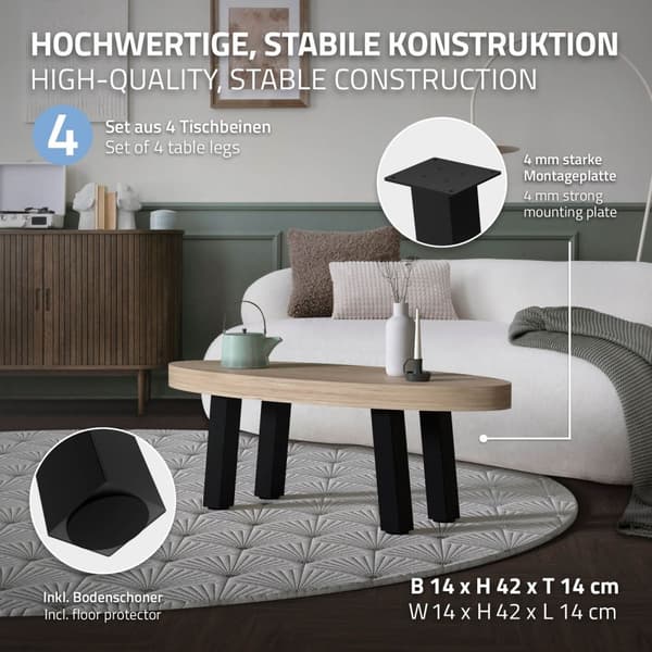 ML-Design set om 4 bordsben vinklade H:42 cm, blank svart, tillverkade av pulverlackerat stål, kantiga, profil 8x8 cm, I-form, möbelben metall 96°