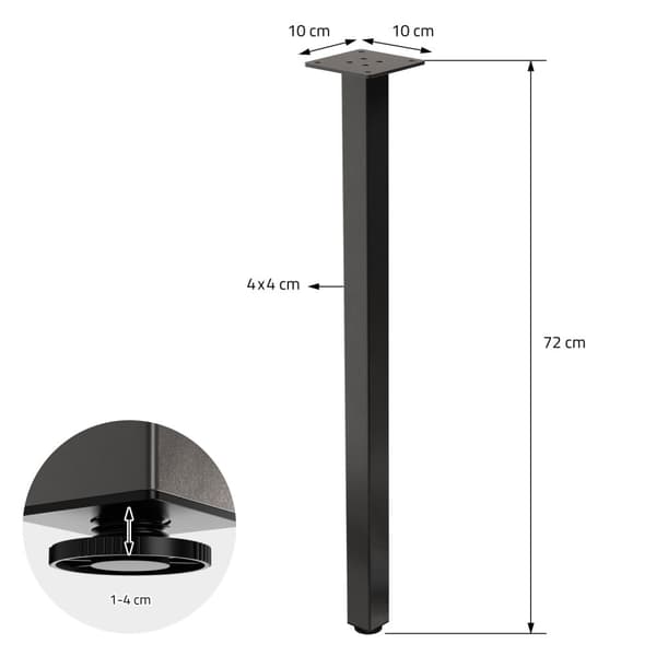 ML-Design sæt med 4 bordben I-Design 72 cm, mørkegrå, industrielt look, stål, pulverlakeret, profil 4x4 cm, højdejusterbare møbelben 1-4 cm, møbelben